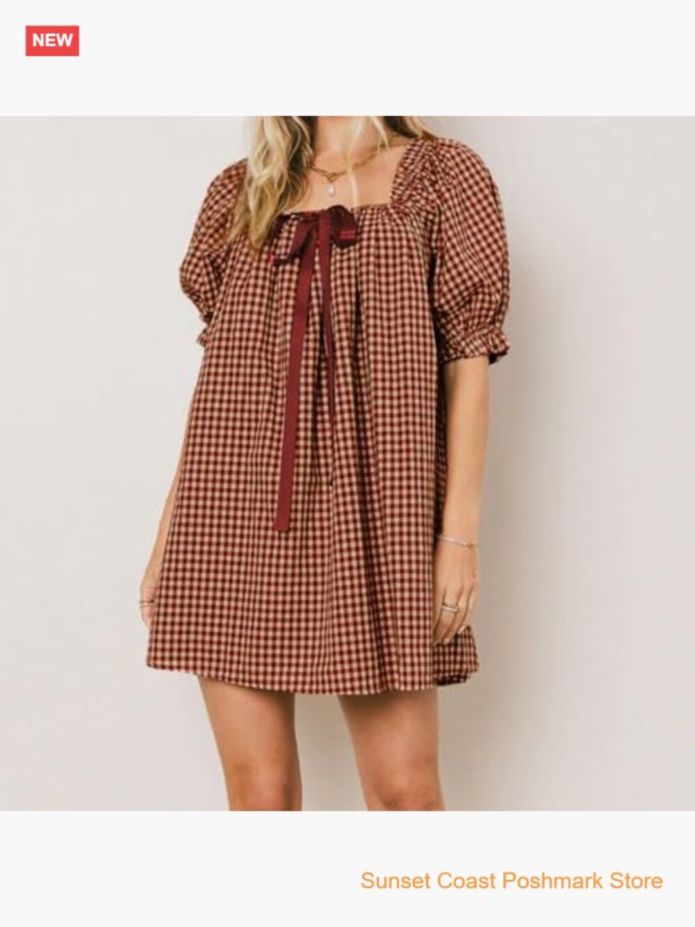 Gingham Babydoll Mini Dress Puff Sleeve Square Neck Bow Tie A-Line Plaid - Picture 5 of 6